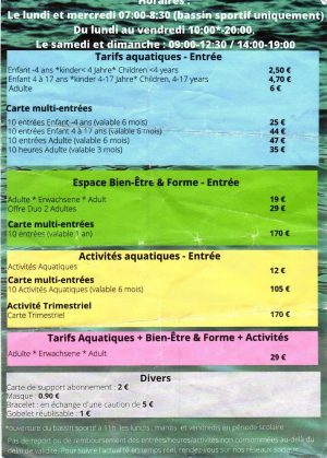 Annexe 02 et 03 : Tarifs et nouveaux horaires 2022 - L'O espace aquatique et équipements nautiques du secteur - Cliquez sur le lien pou afficher le détail